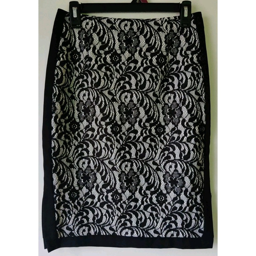 Worthington Women's Black/White Floral Lace Pencil Skirt‎ Side Splits Size 4